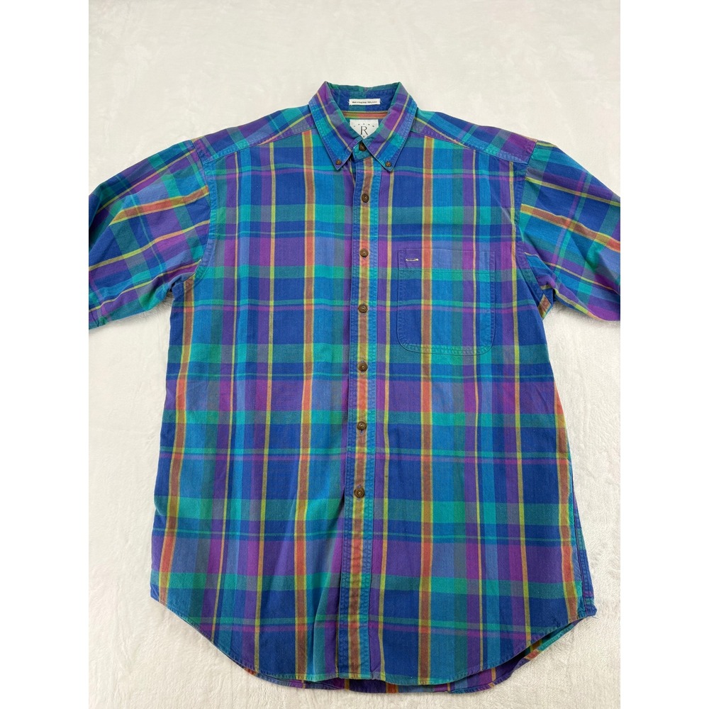 Arrow River Brand Button Down Mens Medium Shirt Blue Plaid Short Sleeve Cotton